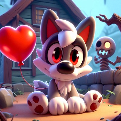 A cute wolf pup holds a red heart balloon