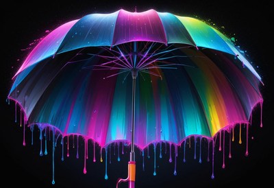 Colorful umbrella drips paint on black backdrop
