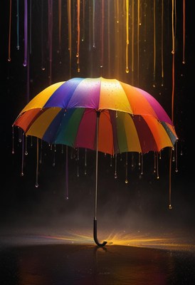 A colorful umbrella stands in the rain