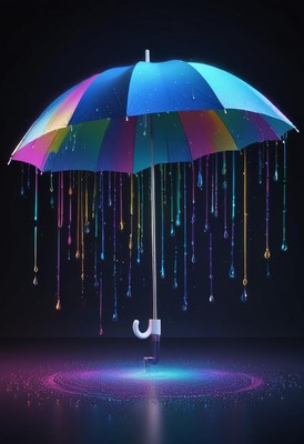 Colorful umbrella drips rain on dark backdrop