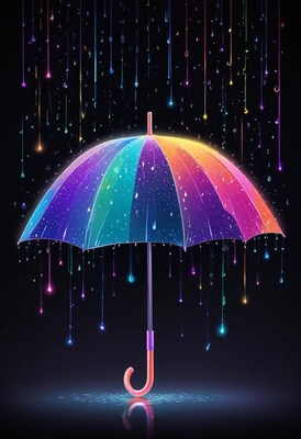 A rainbow umbrella stands in the rain with neon lights