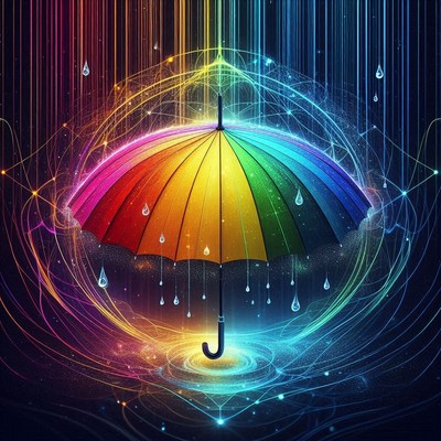 A rainbow umbrella protects against the rain