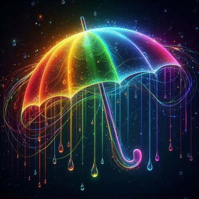 A colorful umbrella floats with sparkling raindrops