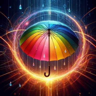 Rainbow umbrella in swirling golden light