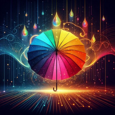 A rainbow umbrella stands in a digital landscape
