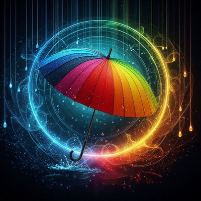 A rainbow umbrella in light, surrounded by raindrops