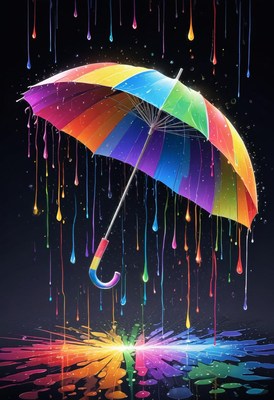 A colorful umbrella drips paint onto a dark background