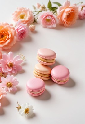Pink macarons with flowers on a white background