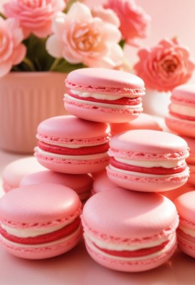 Pink macarons with cream filling sit on a table with flowers