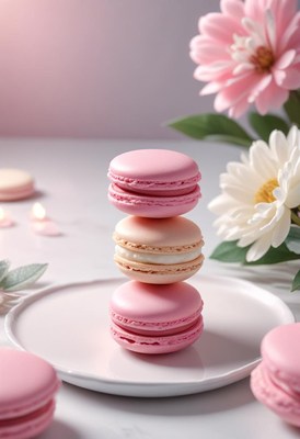 A stack of pink macarons sits on a plate
