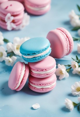 Pink and Blue Macarons with Flowers