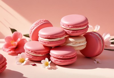 Pink macarons with white filling on a pink backdrop