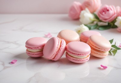 Pink macarons on a white marble surface with flowers