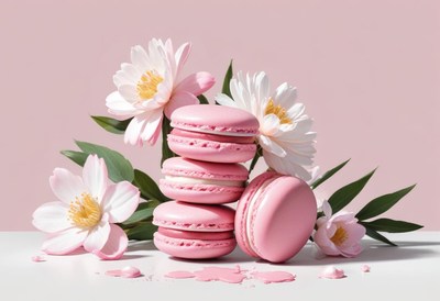 Pink macarons and flowers on a white surface