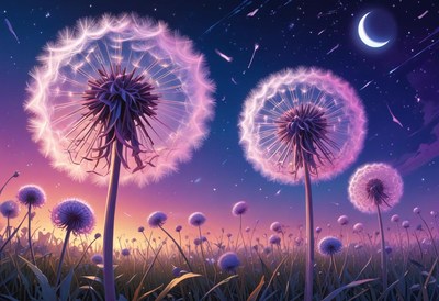 Dandelions bloom under a crescent moon