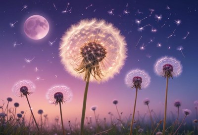 Dandelion seeds float in the night sky with a full moon