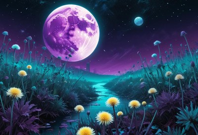 A purple moon shines over a field of flowers and a stream