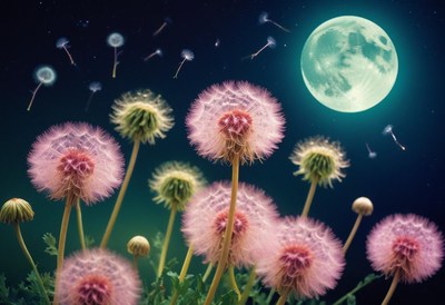 Dandelion seeds drift in the night wind under a full moon