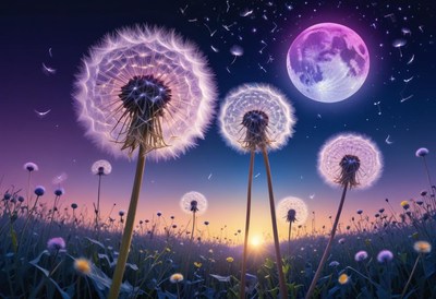 Dandelion seeds drift under a glowing moon