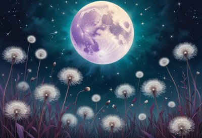 Dandelions sway under a bright full moon