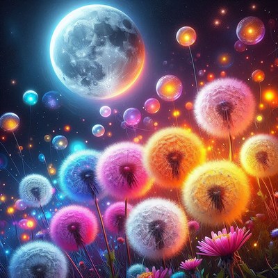 Colorful dandelions glow under a bright moon