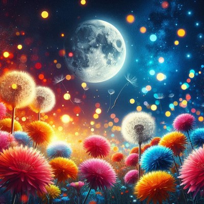 Colorful dandelions bloom under a full moon
