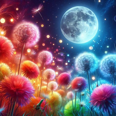 Colorful dandelions bloom under a full moon