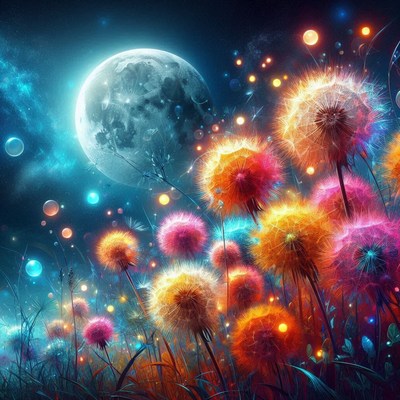 Colorful dandelions glow under a full moon