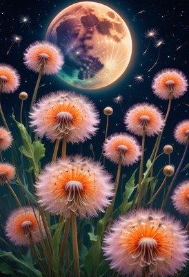 Dandelions bloom under the full moon