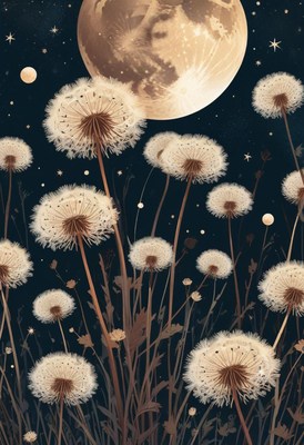 Dandelions bloom under a full moon and starry sky