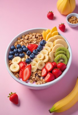 A bowl of granola, yogurt, and fruit on a pink background