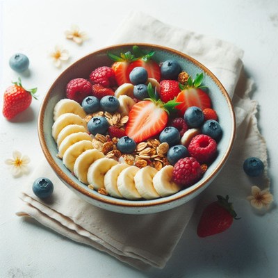 A bowl of fruit and granola sits on a white surface