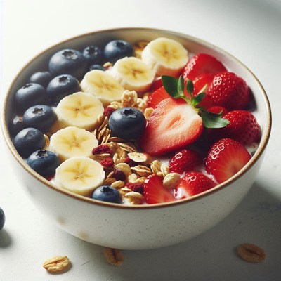 A bowl of granola, blueberries, bananas, and strawberries