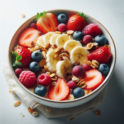 A bowl of granola with banana, strawberries, and blueberries