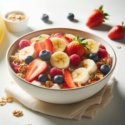 A bowl of granola, banana, strawberries, and blueberries