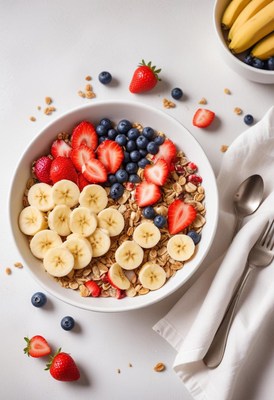 A bowl of oatmeal with banana, strawberries, and blueberries