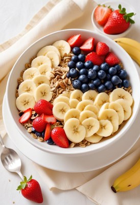 A bowl of granola with banana, strawberries, and blueberries