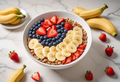 Healthy granola bowl with bananas and berries