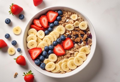 Granola with strawberries, blueberries, and banana