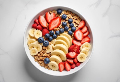 A bowl of oatmeal, bananas, strawberries, and blueberries