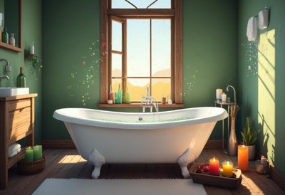 A bathtub filled with water in a green bathroom