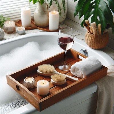 Tray with candles, bath items, and wine by tub