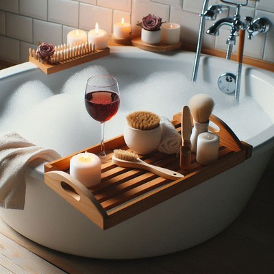 A relaxing bath with a glass of wine and candles