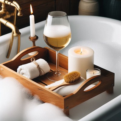 Wooden tray with wine, candles, and a brush in bath