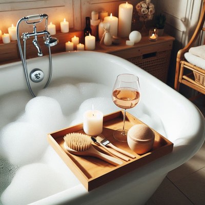A relaxing bath with a glass of wine and candles
