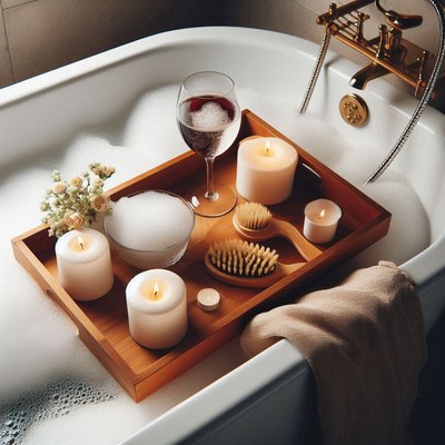A relaxing bath with candles and a glass of wine