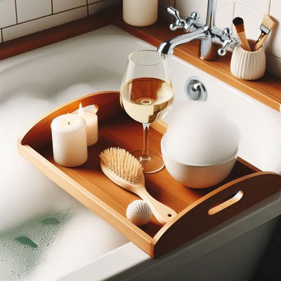 Tray with wine, candles, and brush in a bathtub