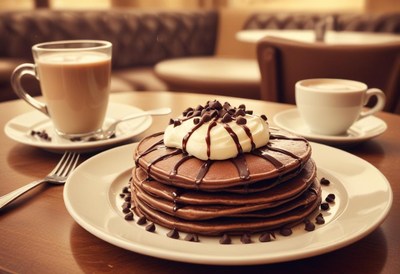 Chocolate pancakes with whipped cream—morning bliss!