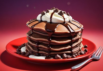 A tall stack of chocolate pancakes on a red plate