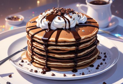 Stack of pancakes with whipped cream and chocolate